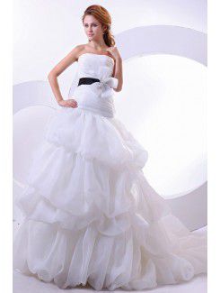 Tulle and Satin Strapless Cathedral Train Ball Gown Wedding Dress with Rhinestones