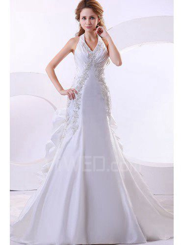 Taffeta Halter Cathedral Train Sheath Wedding Dress