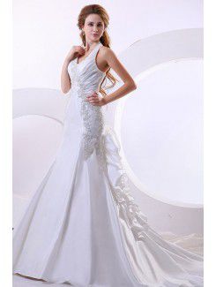 Taffeta Halter Cathedral Train Sheath Wedding Dress