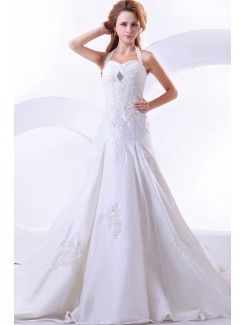 Taffeta Halter Cathedral Train A-Line Wedding Dress with Flower and Embroidered