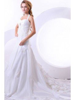 Taffeta Halter Cathedral Train A-Line Wedding Dress with Flower and Embroidered