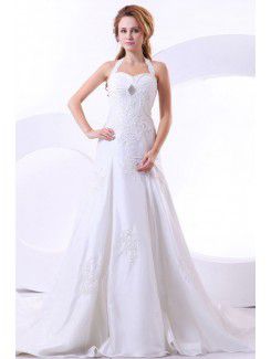 Taffeta Halter Cathedral Train A-Line Wedding Dress with Flower and Embroidered