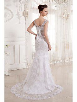 Satin and Lace V-Neckline Court Train Sheath Wedding Dress with Embroidered