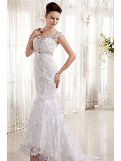 Satin and Lace V-Neckline Court Train Sheath Wedding Dress with Embroidered