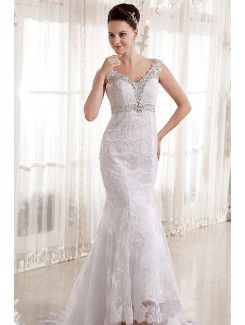 Satin and Lace V-Neckline Court Train Sheath Wedding Dress with Embroidered