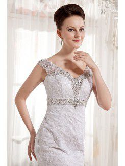 Satin and Lace V-Neckline Court Train Sheath Wedding Dress with Embroidered