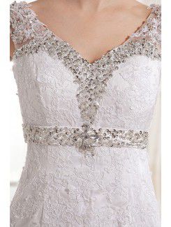 Satin and Lace V-Neckline Court Train Sheath Wedding Dress with Embroidered