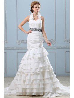 Taffeta Halter Court Train Mermaid Wedding Dress with Ruffle