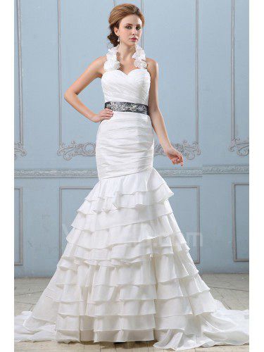 Taffeta Halter Court Train Mermaid Wedding Dress with Ruffle