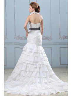 Taffeta Halter Court Train Mermaid Wedding Dress with Ruffle