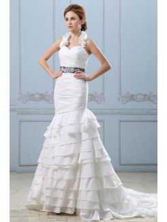 Taffeta Halter Court Train Mermaid Wedding Dress with Ruffle