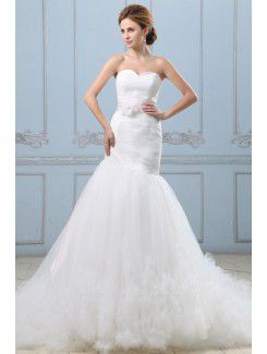 Raso e tulle sweetheart cappella treno abito da sposa sirena