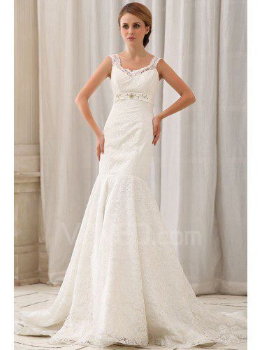 Satin and Lace V-Neck Chapel Train Mermaid Wedding Dress with Embroidered