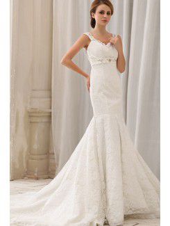 Satin and Lace V-Neck Chapel Train Mermaid Wedding Dress with Embroidered