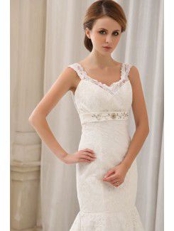 Satin and Lace V-Neck Chapel Train Mermaid Wedding Dress with Embroidered