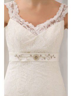 Satin and Lace V-Neck Chapel Train Mermaid Wedding Dress with Embroidered