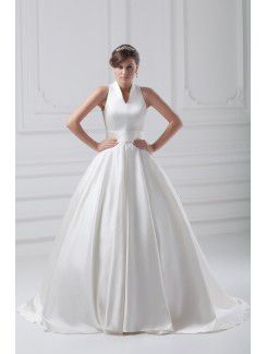 Satin V-Neck Sweep Train Ball Gown Wedding Dress