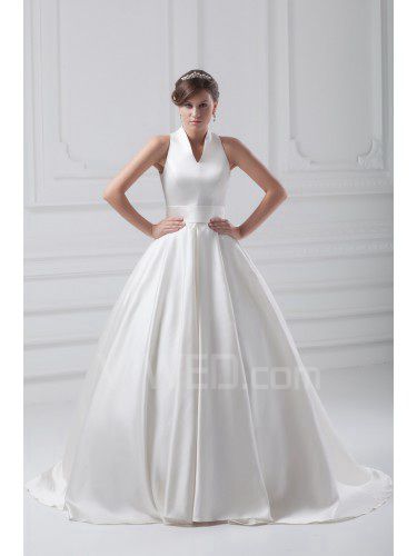 Satin V-Neck Sweep Train Ball Gown Wedding Dress