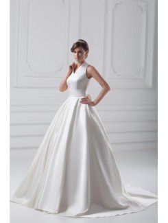 Satin V-Neck Sweep Train Ball Gown Wedding Dress