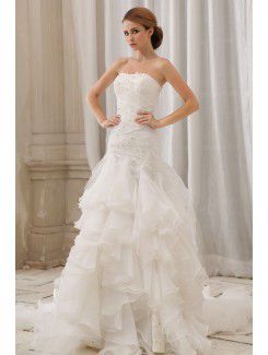 Organza en vlek strapless rechter trein zeemeermin trouwjurk met geborduurde