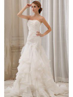 Organza and Stain Strapless Court Train Mermaid Wedding Dress with Embroidered