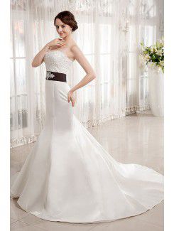 Satin Sweetheart Chapel Train Mermaid Wedding Dress with Embroidered