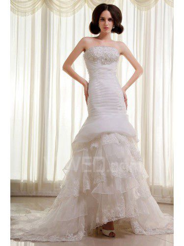 Organza and Lace Strapless Chapel Train Mermaid Wedding Dress with Beading Crisscross Ruched and Embroidered