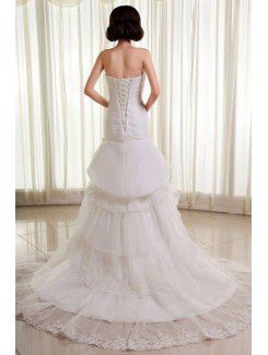 Organza and Lace Strapless Chapel Train Mermaid Wedding Dress with Beading Crisscross Ruched and Embroidered