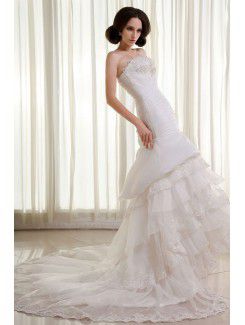 Organza and Lace Strapless Chapel Train Mermaid Wedding Dress with Beading Crisscross Ruched and Embroidered