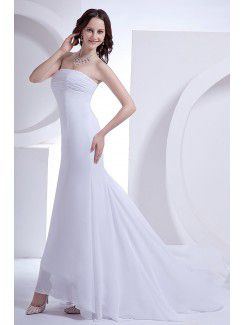 Satin and Chiffon Strapless Sweep Train Sheath Wedding Dress