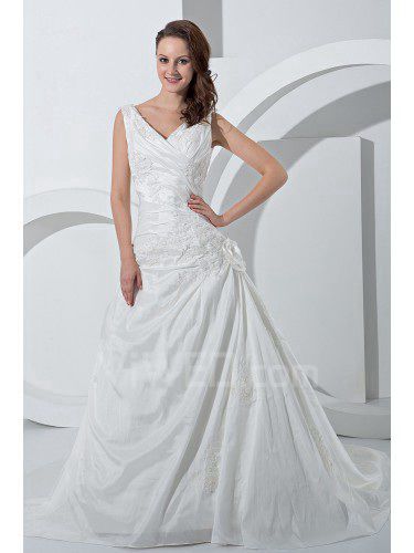 Satin and Lace V-Neckline Court Train A-Line Wedding Dress with Embroidered