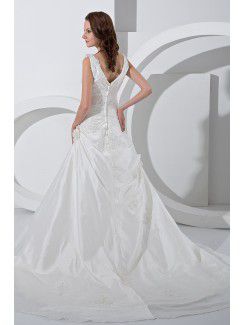 Satin and Lace V-Neckline Court Train A-Line Wedding Dress with Embroidered
