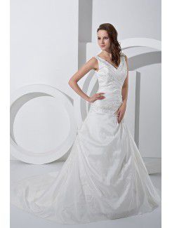 Satin and Lace V-Neckline Court Train A-Line Wedding Dress with Embroidered