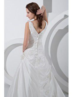 Satin and Lace V-Neckline Court Train A-Line Wedding Dress with Embroidered