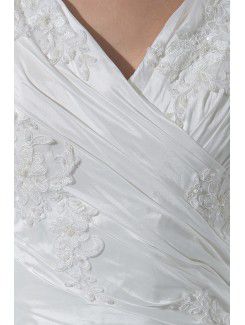 Satin and Lace V-Neckline Court Train A-Line Wedding Dress with Embroidered