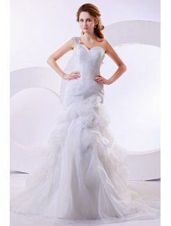 Organza One-Shoulder Cathedral Train A-Line Wedding Dress with Ruffle and Flowers