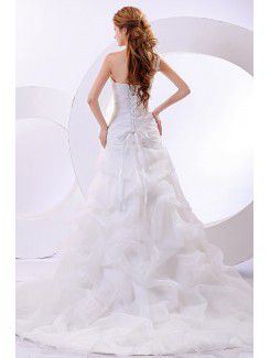 Organza One-Shoulder Cathedral Train A-Line Wedding Dress with Ruffle and Flowers