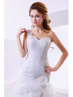 Organza One-Shoulder Cathedral Train A-Line Wedding Dress with Ruffle and Flowers