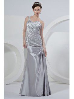 Satin one-shoulder golv längd slida brudklänning med volang