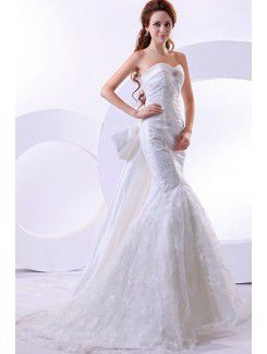 Satin and Lace Sweetheart Chapel Train Mermaid Wedding Dress with Embroidered