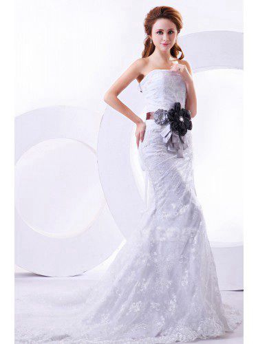 Lace Strapless Chapel Train Sheath Wedding Dress