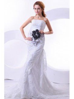 Lace Strapless Chapel Train Sheath Wedding Dress