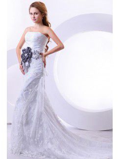 Lace Strapless Chapel Train Sheath Wedding Dress