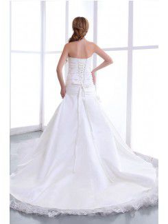 Satin and Lace Sweetheart Chapel Train A-Line Wedding Dress with Embroidered and Gathered Ruched