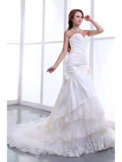 Satin and Lace Sweetheart Chapel Train A-Line Wedding Dress with Embroidered and Gathered Ruched