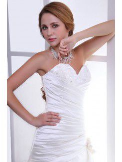 Satin and Lace Sweetheart Chapel Train A-Line Wedding Dress with Embroidered and Gathered Ruched