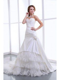 Satin and Lace Sweetheart Chapel Train A-Line Wedding Dress with Embroidered and Gathered Ruched