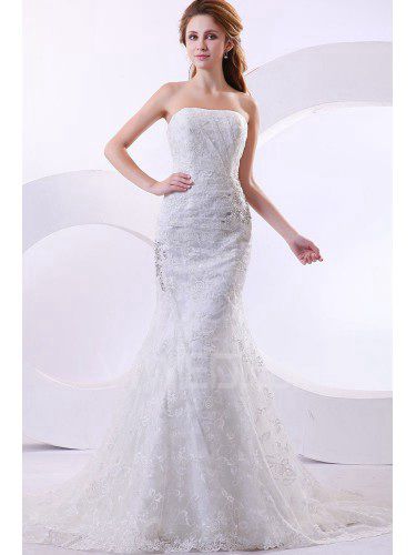 Satin and Lace Strapless Chapel Train Mermaid Wedding Dress with Jacket