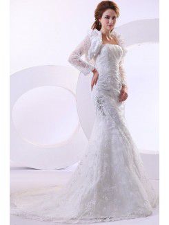 Satin and Lace Strapless Chapel Train Mermaid Wedding Dress with Jacket