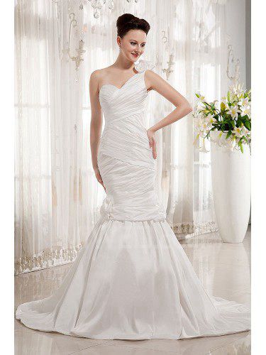 Satin One-Shoulder Court Train Mermaid Wedding Dress with Ruffle